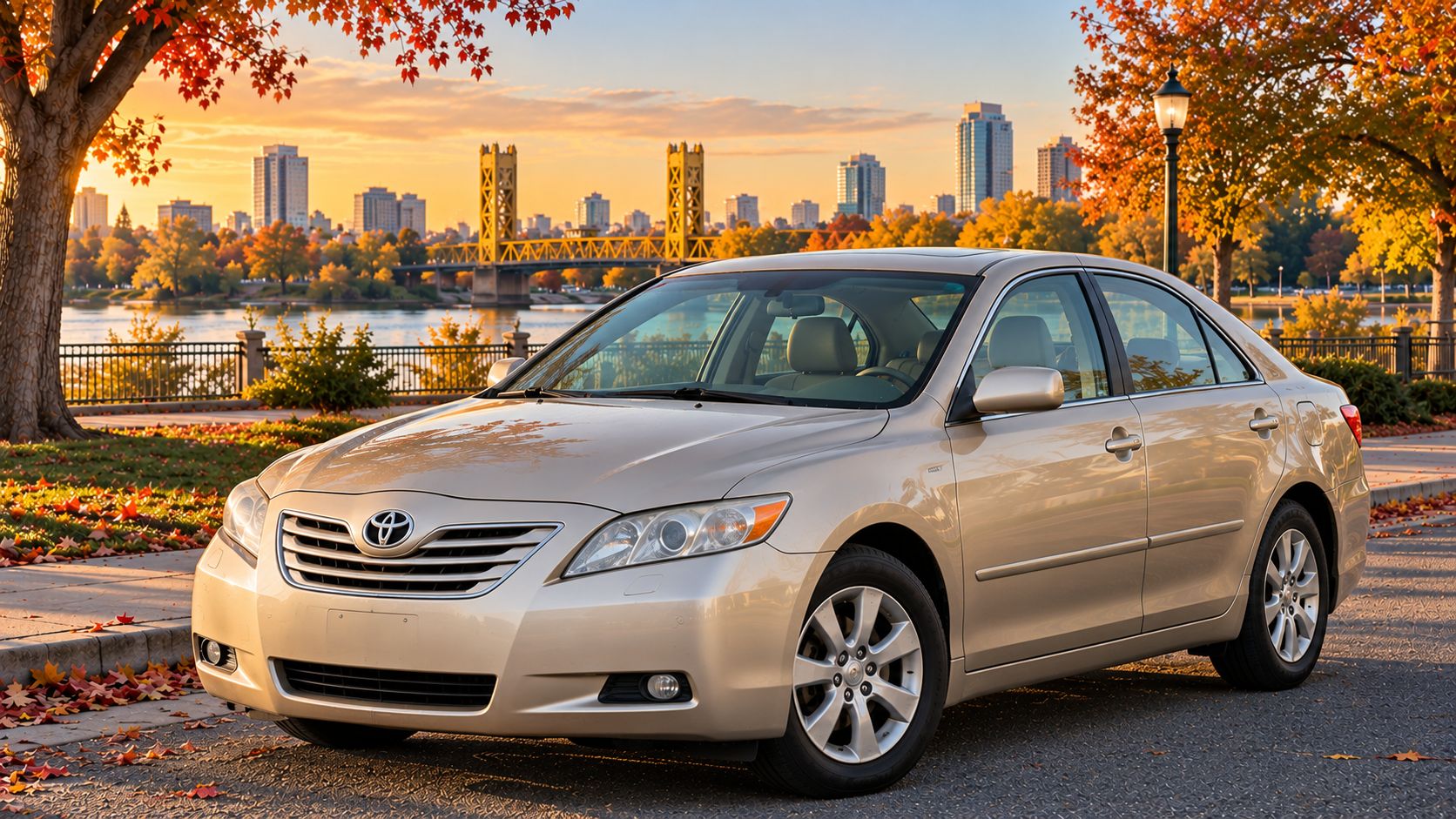 Champagne Toyota Camry on the Sacramento riverfront