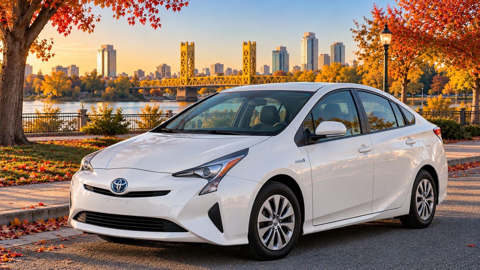 White Toyota Prius hybrid with downtown Sacramento skyline