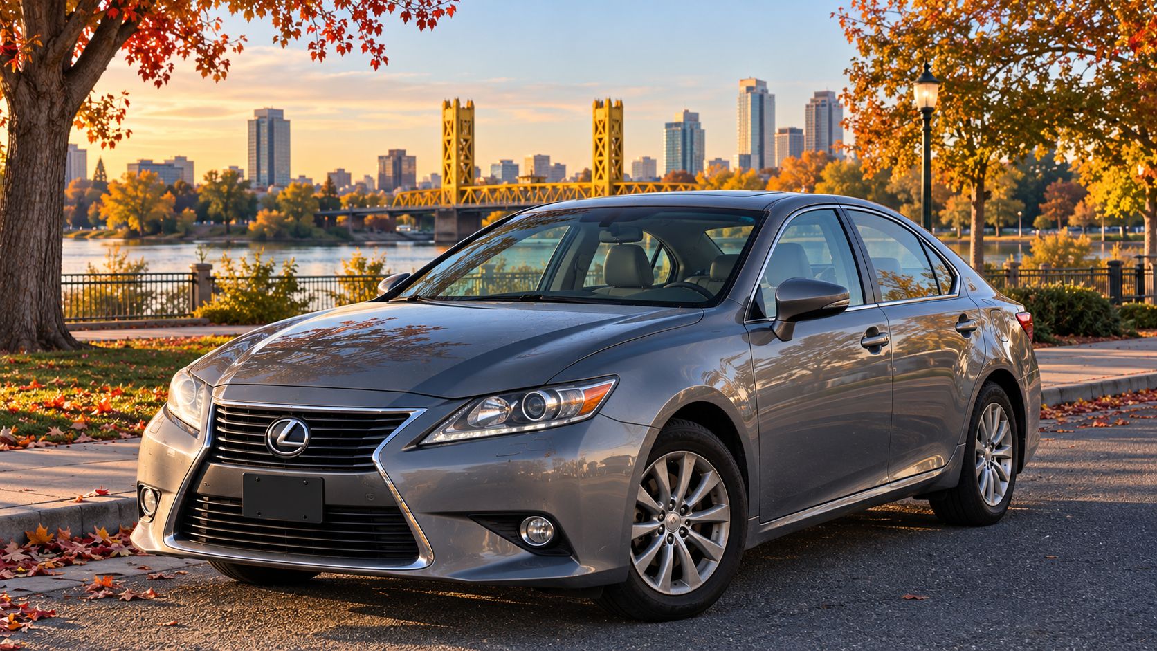 Grey Lexus sedan parked by the Tower Bridge in Sacramento
