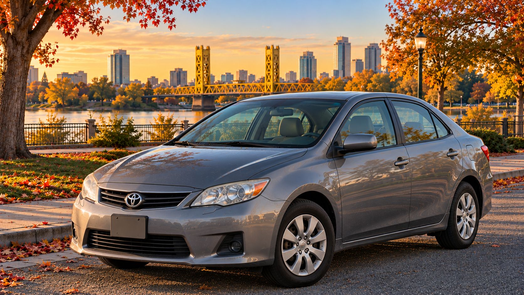 Grey Toyota sedan at golden hour by the river