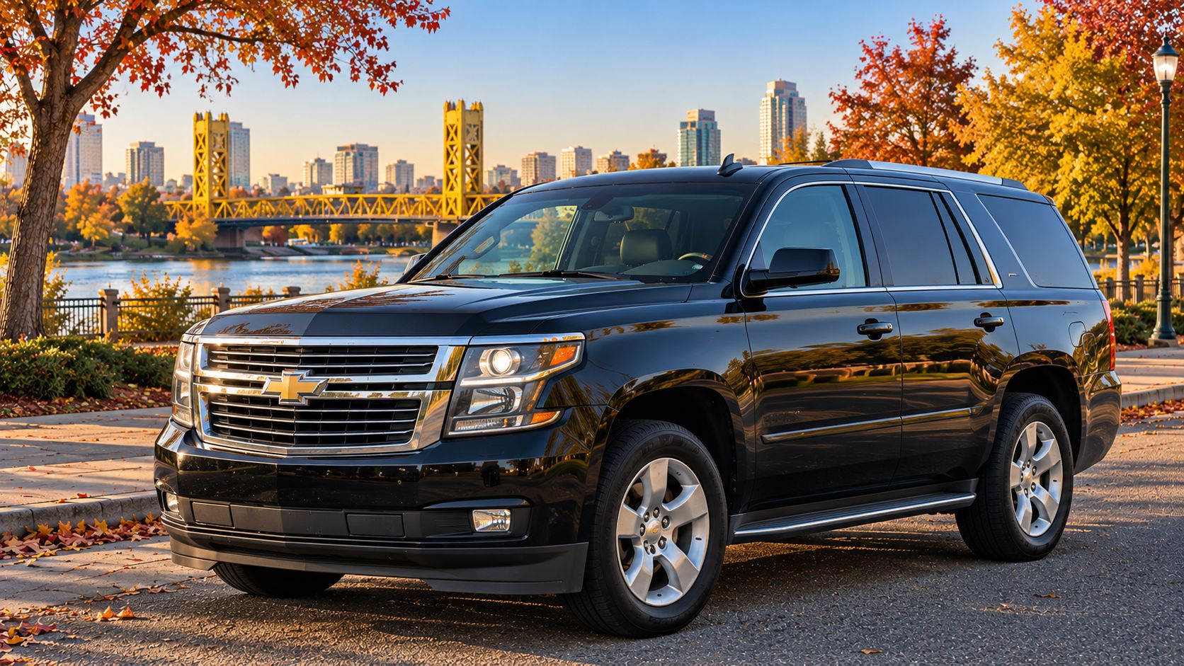 Black Chevrolet SUV by the Sacramento River